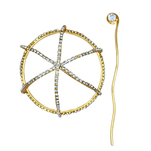 Image of Hair Bun Cage Accessory for Women | Handcrafted Brass Juda Cover with Stick | Anti-Tarnish Traditional Hair Accessory for Wedding & Festive (Rhinestone Hair Bun (Golden))