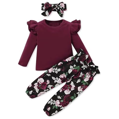 SANMIO Toddler Girl Clothes 3T Girl Toddler Clothes Cute Ruffle Top+ Floral Pants Set 2T-3T Little Girl Fall Outfits Wine Red Cover