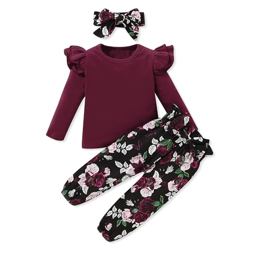 Image of SANMIO Toddler Girl Clothes Outfits Cute Ruffle Sleeve Shirt Floral Pant+Headband 3Pcs Baby Girl Clothing Set 1-6T