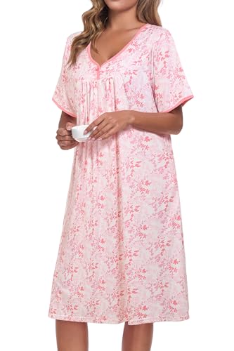 Image of AVIIER Nightgows for Women Soft Cotton Night Shirts Short Sleeve Sleepwear with Pockets