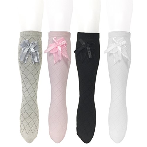 allydrew 4 Pack Knee High Princess Socks with Bow for Girls - Pink, White, Gray & Black