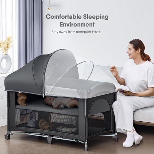 Image of Obee Odee 4 in 1 Baby Bassinet, Pack and Play, Bedside Crib Sleeper, Diaper Changer - Comes with Mattress, Mosquito Net,Bottom Storage and Toy Bar for Newborn to Toddles