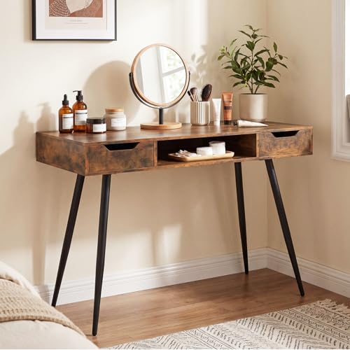 Image of Tangkula Mid Century Modern Computer Desk, Writing Desk with 2 Drawers & Open Center Storage, Small Wooden Study Table for Home Office & Compact Spaces (Rustic Brown)