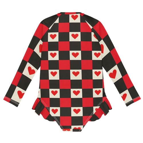 Girls One Piece Swimsuits Long Sleeve Swimsuit Zipper Bathing Suits Red Black Checkered Hearts2