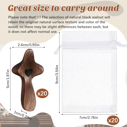 Threehoney 20 Pcs Cross My Heart, Encouragement Gift Small Wooden Handheld Pocket Crosses in Bulk with Organza Bag Wood Fingertip Stress Fidget Relief Religious Craft for Christians Prayer Church