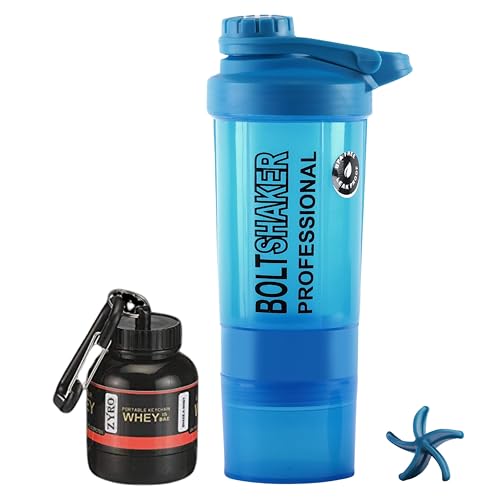 Image of Zyro Protein Funnel & Bolt Protein Shaker Bottle with Blending Mixer Ball 600 ml Shaker (Pack of 2, Multicolor, Plastic)