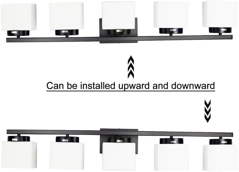 Miniatura 5 de Lámpara de tocador negra mate de 5 luces con pantalla de vidrio blanco para baño sobre espejo, 40 pulgadas