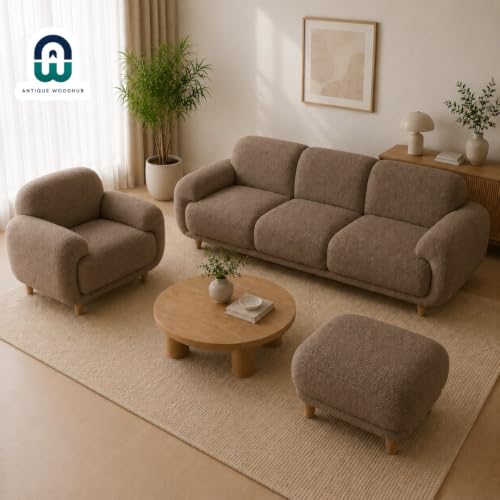 Image of Modern Classic Teddy Boucle Fabric Sofa for Living Room Bedroom Reception and Office 3+1+Ottoman Sofa for Living Room (Taupe)