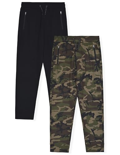 TONY HAWK Boys Fleece Jogger Sweatpants with Zipper Pockets 2-Pack Pull on Pants for Kids (Woodland-Black 8)