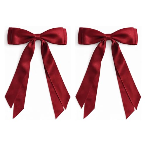 Hair Bows Clips for Women Girls 2 Pack Satin Bow with Long Tail Hair Barrettes Accessories for Ponytails - Burgundy