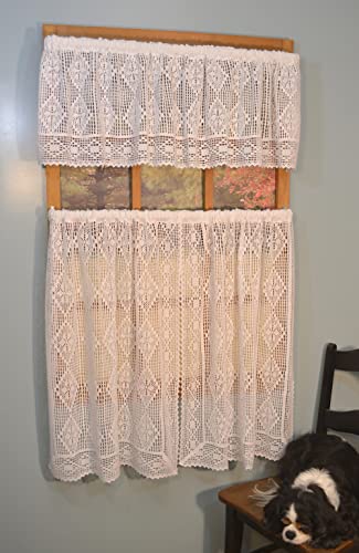 Diamond Crochet Lace Curtain tierm Collection by Curtain Chic (White, Tier Pair 58W x 36L)
