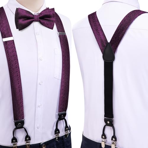 Image of Hi-Tie Men Suspender Bowtie Set Suspenders Pre-tied Bow Tie Pocket Square Cufflinks Adjustable Y Shape 6 Clips Braces Tuxedo