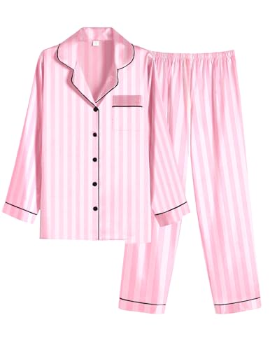 Image of Ekouaer Women Satin Pajamas Set Classic Button Down Long Silk Pjs Set,Medium,Pink Stripes