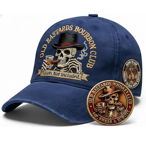 Old Bastards Bourbon Club Collector’s Edition Set, Embroidered Old Bastards Bourbon Club Hat & Whiskey Challenge Coin (Blue)