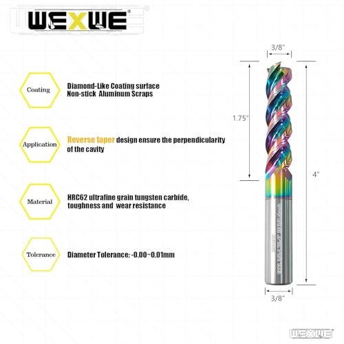 Image of Tools 3 /8 inch Extra Long Carbide Square End Mill for Aluminum, Copper Alloy, Plastic, 4 inch Overall Length End Mill Bits, 3 Flute HRC 62 Deg DLC Coating, CNC Router Bits 3 /8 Shank (3 /8-4 inch 2PCS)
