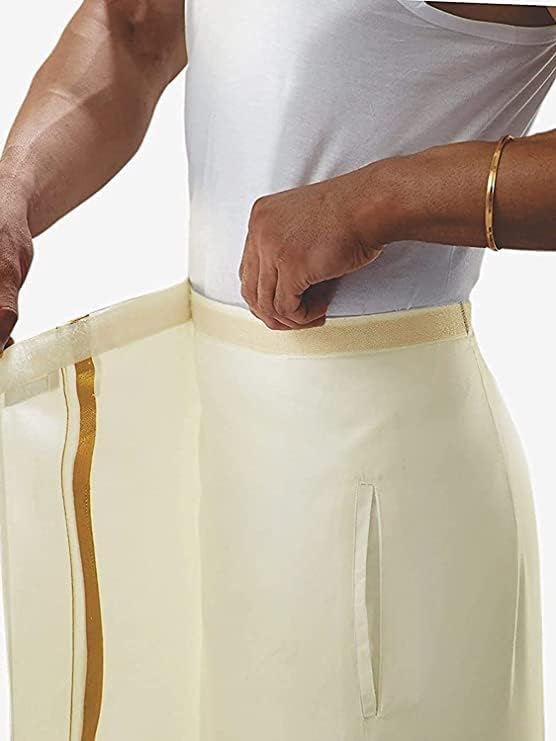 Cotton Mens Welcro Pocket Dhoti/Mundu - Jari Cotton Single Pocket Dhoti - Size 28-42 (Ivory/Cream)