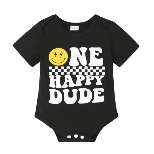 Happy Town Boy Baby First Birthday Outfit Short Sleeve Romper One Happy Dude Bodysuit 1 Year Old Gift Smiley Face Clothes