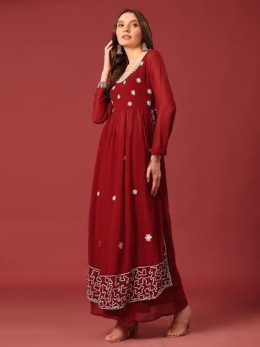 Image of PH POSHAKHUB Women A-Line Nyra Cut Kurta with Sharara in Georgette with Aari Work