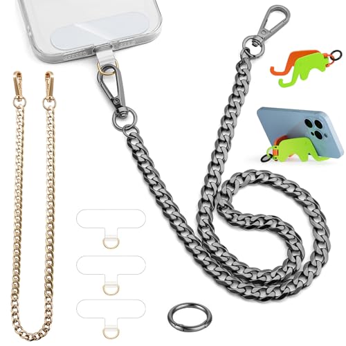 2 pcs Phone Lanyard Belt Chain Anti Theft Wallet Chain for Men Women Metal Hip Hop Punk Jeans Chains Trousers Pants with 3 Phone Patch and iPhone Stand Holder for All Smartphones Keys Gold and Gun