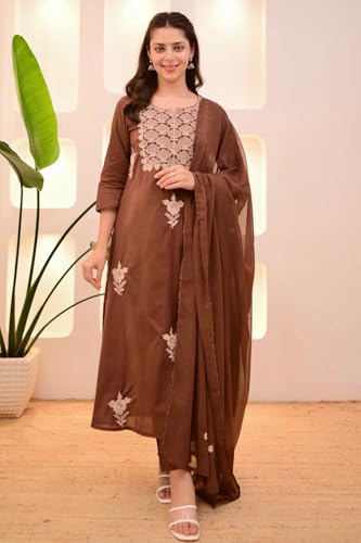 Image of Nermosa Women Embroidery Solid Straight Kurta and Pant Set with Dupatta