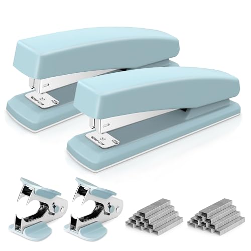 deli stapler, desktop stapler, 2 pack, office stapler, 25 sheet capacity, includes 2000 staples and 2 staple removers, 2 pack, blue deli stapler, desktop stapler, 2 pack, office stapler, 25 sheet capacity, includes 2000 staples and 2 staple removers, 2 pack, blue