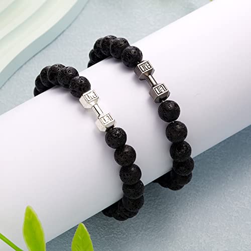 RINHOO FRIENDSHIP 2 PCS Dumbbell Bracelet for Man Gym Bracelet 8mm Lava Natural Stone Stretch Beads Bracelet with Dumbbell Weight Bracelet for Man2