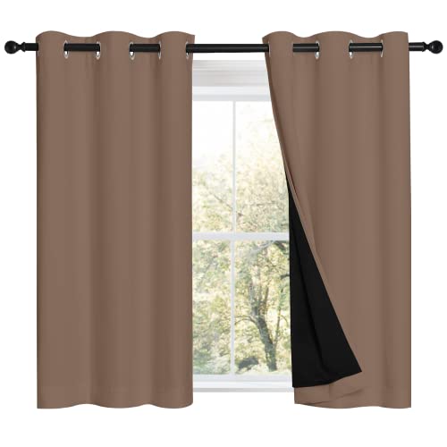 Image of NICETOWN Cappuccino Bedroom Full Blackout Cold Blocking Short Curtain Panels, Super Thick Insulated Window Covers, 100% Blackout Blinds with Black Liner for Small Window(Set of 2, 42 by 45-inch)
