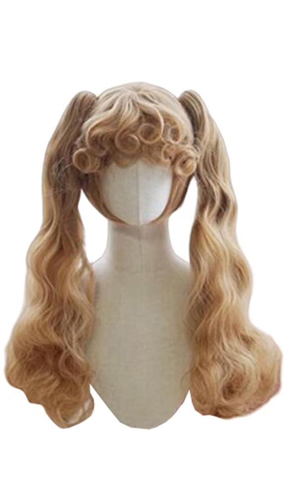 Kawaii Lolita Double Ponytails Wig Long Curly Synthetic Hair Japanese Cosplay Wig for Tea Party Costume Props (Pink)