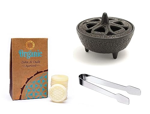 Cast Iron Wax Melter Kit with Scented Wax Melts and Stainless Steel Tongs for Stoves and Log Burners (Oud)