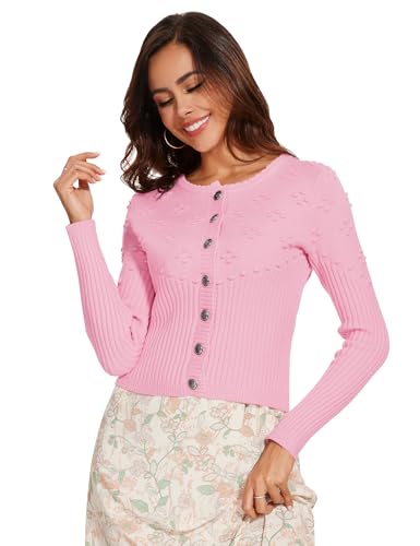 Namatime Damen Trachtenjacke Bolero Dirndl Jacke Kurze Trachten Strickjacke mit Knopfleiste Oktoberfest Outfit Rosa 42