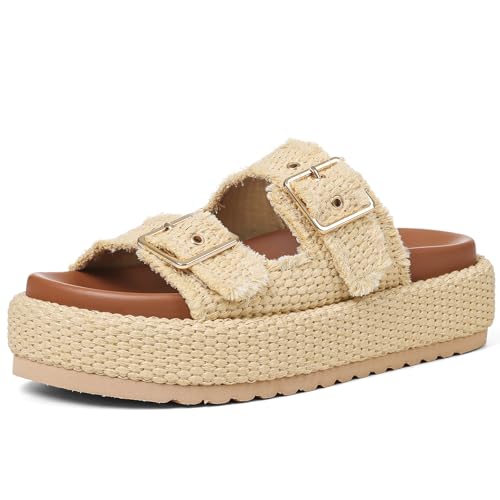mikarka Raffia Platform Sandals for Women 2025: Resort Womens Sandals Comfortable - Summer Beach Sandals Buckle Straps Espadrilles Flatform Slides Mules Apricot Size 8