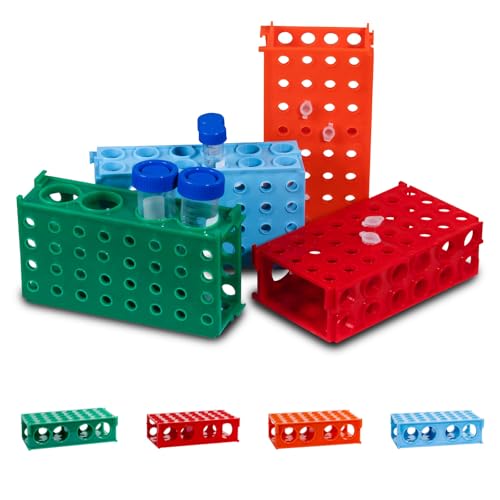 CryoKing 4 Way Tube Rack, Plastic Test Tube Holder, Centrifuge Tube Racks, 0.5ml/2ml/5ml/10ml/15ml/50ml Vials Stand for Lab Scientific Experiments Supplies (Blue, Green, Red, Orange), Pack of 4