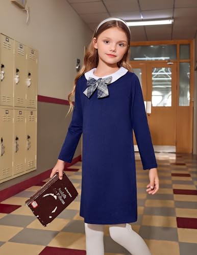 Image of Arshiner Girls Long Sleeve Vintage Peter Pan Collar T-Shirt Dress Age 4-13 Years