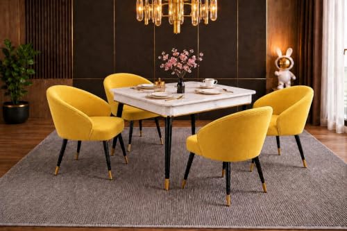 Image of WOODEN SPACE 4 Seater Wooden Dining Table Set | Urban Marble Top Dining Table with Chairs for Dining Room & Kitchen (Modern Classic Yellow) (42 x 42 x 30 inch)
