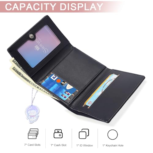 Girls Cute Astronaut Bear Bunny Print Tri-folded Wallet Small Wallet with Pendant Card Holder ID Window for Women(BLACK)2
