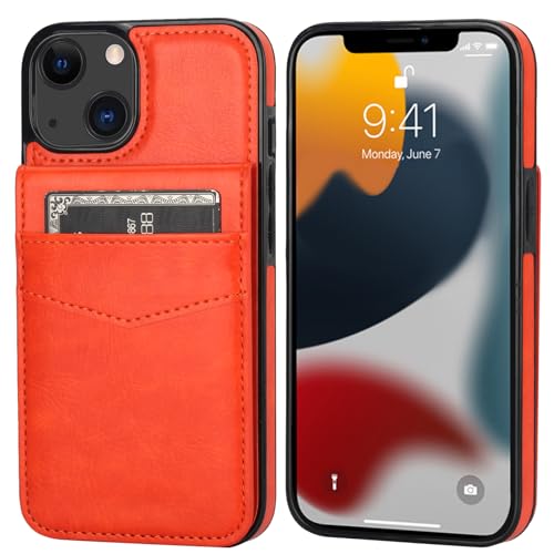 Image of KIHUWEY Compatible with iPhone 13 Case Wallet with Credit Card Holder, Premium Leather Magnetic Clasp Kickstand Heavy Duty Protective Cover for iPhone 13 6.1 inch (Orange)