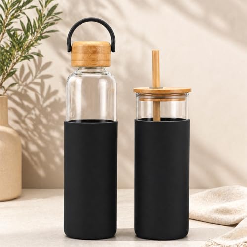 Image of Giftana Personalized Borosilicate Glass Water Bottle 500ml with Glass Sipper Tumbler 450ml, Reusable Leakproof Drinking Bottle with Silicone Sleeve, Eco-Friendly Bottle for Office Gym Travel (Black)