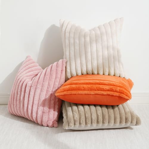 Image of decorUhome Fall Cozy Faux Fur Throw Pillow Covers 16x16 Set of 2 Decorative Soft Plush Striped Modern Farmhouse Boho Couch Pillow Cases with Velvet Back for Sofa Bed Living Room, Orange