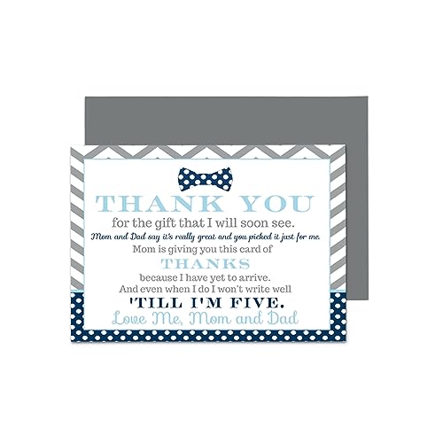 Paper Clever Party Bow Tie Baby Shower Thank You Cards and Envelopes (15 Pack) Boys Notecards with Message from Newborn Navy and Grey Stationery Set 4x6