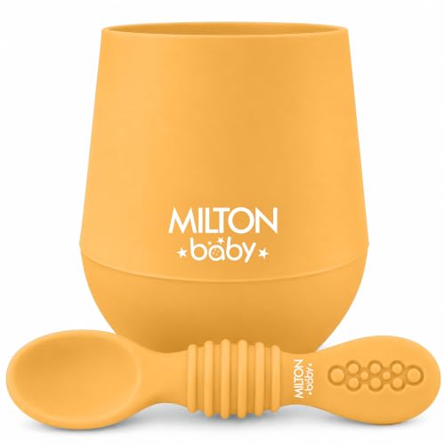 Image of MILTON baby Silicone Tumbler with Spoon I Baby & Toddler Training Cup & Spoon I BPA Free -100% Food Grade I Weighted Base to Prevent Tip-Overs I Anti Slip Bottom I Gentle on Tender Gums I Orange