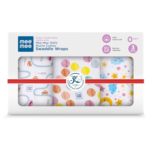 Image of Mee Mee 100% Muslin Cotton Swaddle Wrapper Set (Pack of 3) | Soft, Quick-Drying & Highly Absorbent Baby Blanket Towel | Printed Mulmul Cloth for Newborn Essentials (Multicolour, 120 x 100 cm)
