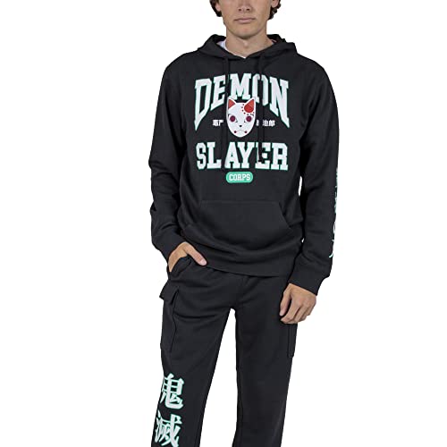 Bioworld Demon Slayer Varsity Text Cat Mask Men's Black Hoodie & Jogger Set
