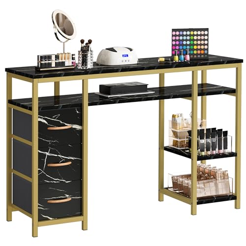 DWVO Nail Desk, Manicure Table, Marbling Texture Manicure Station with 3 Drawers, Acetone Resistant Nail Tech Desk for Beauty Salon Spa (Black)