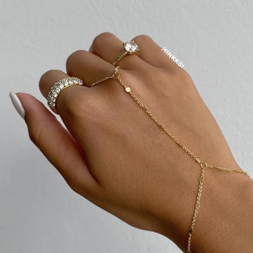 Image of Long tiantian Hand Chain Bracelet Gold Link Finger Ring Slave Bracelet