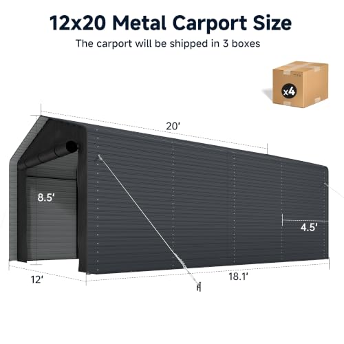 Image of Real Relax 12x20 FT Metal Carport with Side Panels & PE Sidewalls, Gray | Heavy Duty, Reinforced Bars, 2 Zipper Doors, Steel Wire Rope, Enclosed Car Ports for Cars and Boats, Tools