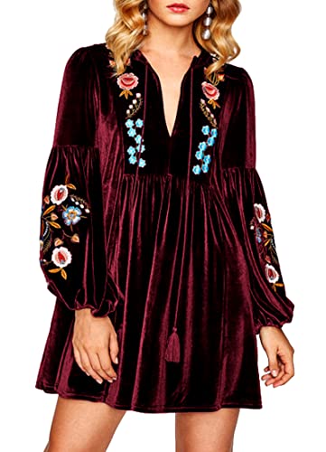 Roiii Women's V Neck Embroidery Floral Cocktail Party Top Long Blouse Shirt Boho Velvet A Line Dress (44(Tag XL),Weinrot) Cover