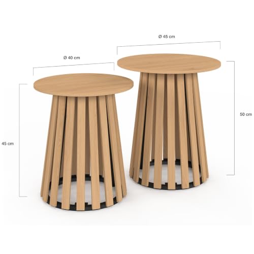 Lot de 2 tables d'appoint rondes table basse bouts de canapé tables de chevet CARMEN 4045 cm pied en lattes et plateau bois - vue 3
