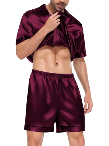 Image of SWOMOG Satin Matching Pajamas Sets Couple Silk Button Down Nightwear Women & Men Short Sleeve Sleepwear 2 Pieces Loungewear