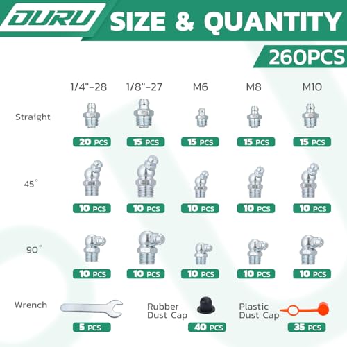 OURU 260PCS Grease Fittings Kit, SAE & Metric Zerk Grease Fittings Straight 45 90 Degree with Grease Fitting Caps & Wrench Kit(7-11mm) for Grease Gun by OURU - Image 2