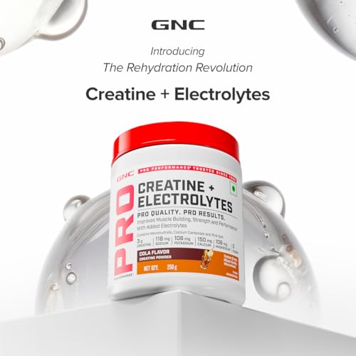 Image of GNC Creatine+ Electrolytes | 3g Creatine Monohydrate + Sodium, Potassium, Calcium, Magnesium | Boosts Muscle Growth, Hydration, Energy & Recovery | Zero Sugar | 100% Veg | 100g | Lemon
